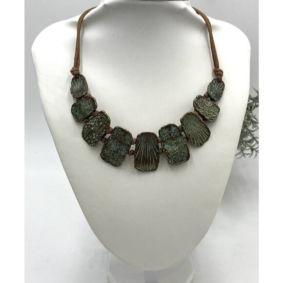 St. Thomas Etched Medallions Copper Tone Brown Suede Patina Statement Necklace - Picture 1 of 15